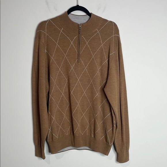Peter Millar | Men’s Tan 100% Merino Wool Argyle 1/4 Zip Sweater Size Large - Picture 1 of 5